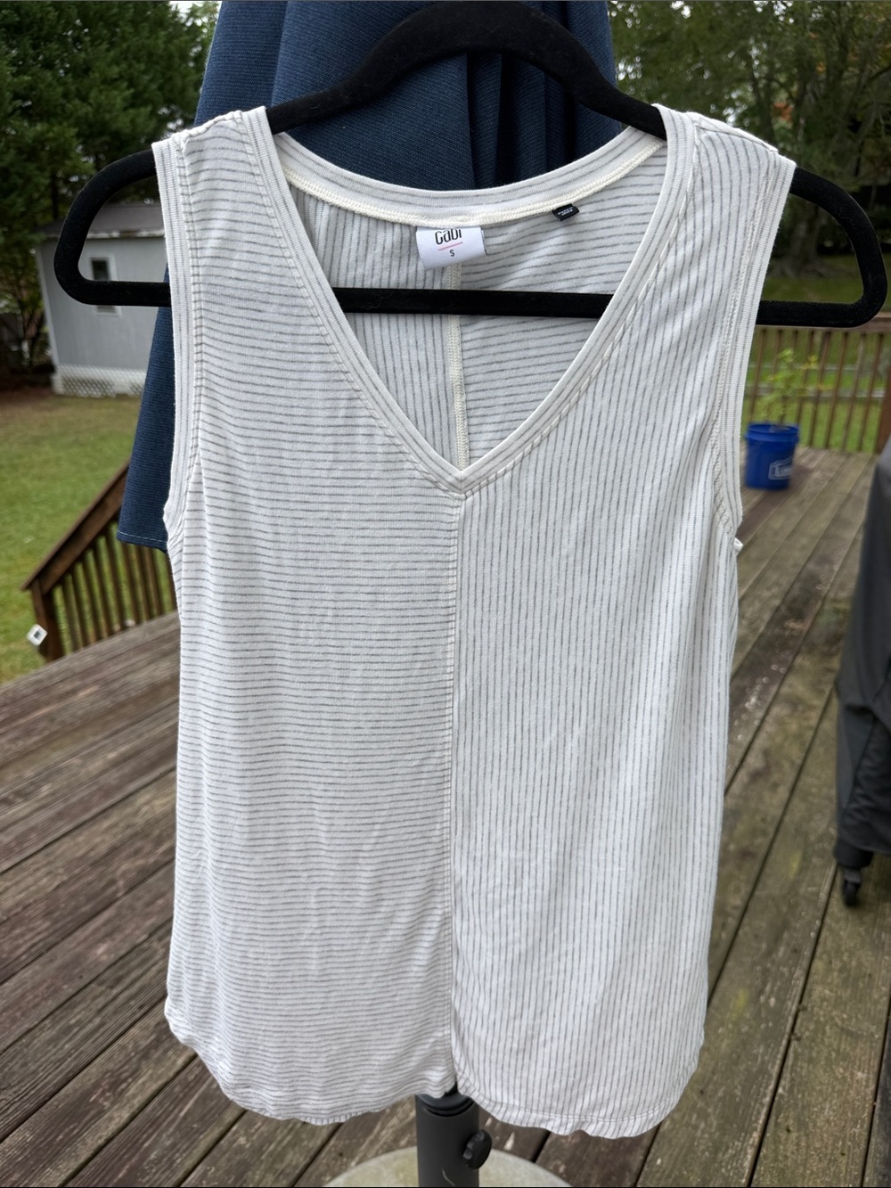 CAbi Cream and Light Gray Striped V-Neck Tank